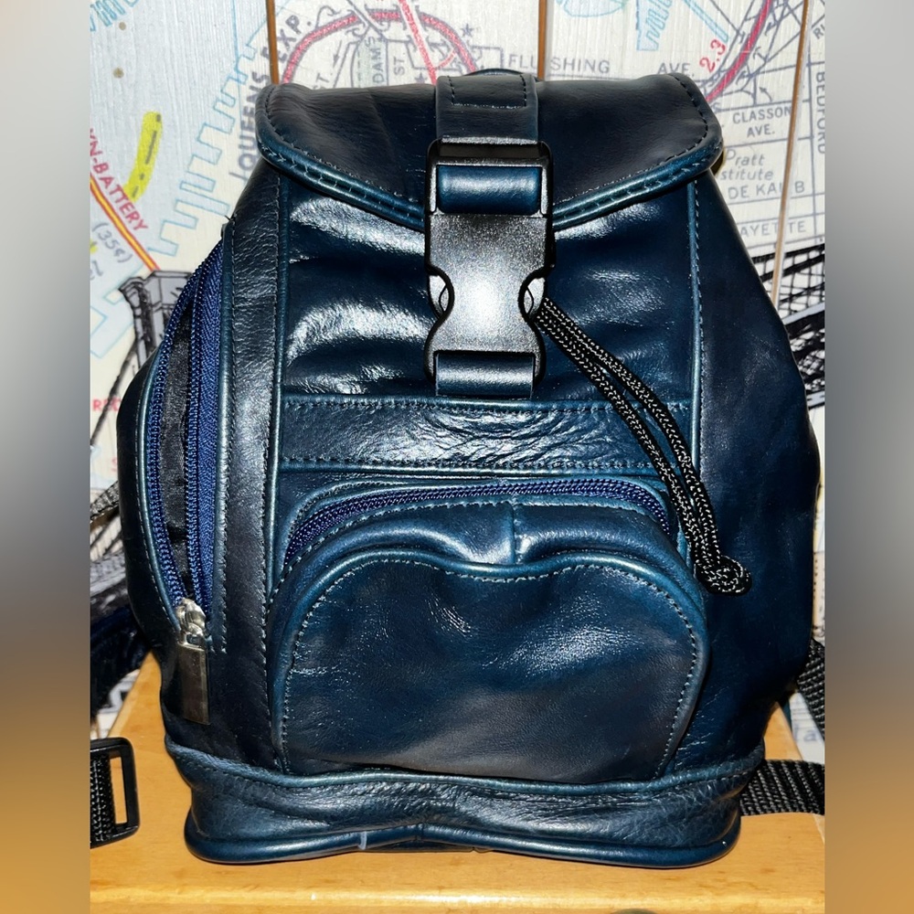 Vintage Navy Blue Leather Mini Backpack